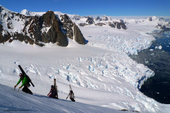 Chris Davenport, Andrea Binning, and Stian Hagen just below the summit of the Duesberg Buttress, Antarctica. Photo: Doug Workman