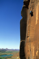 Janet Bergman climbs Scarface in Indian Creek, Utah